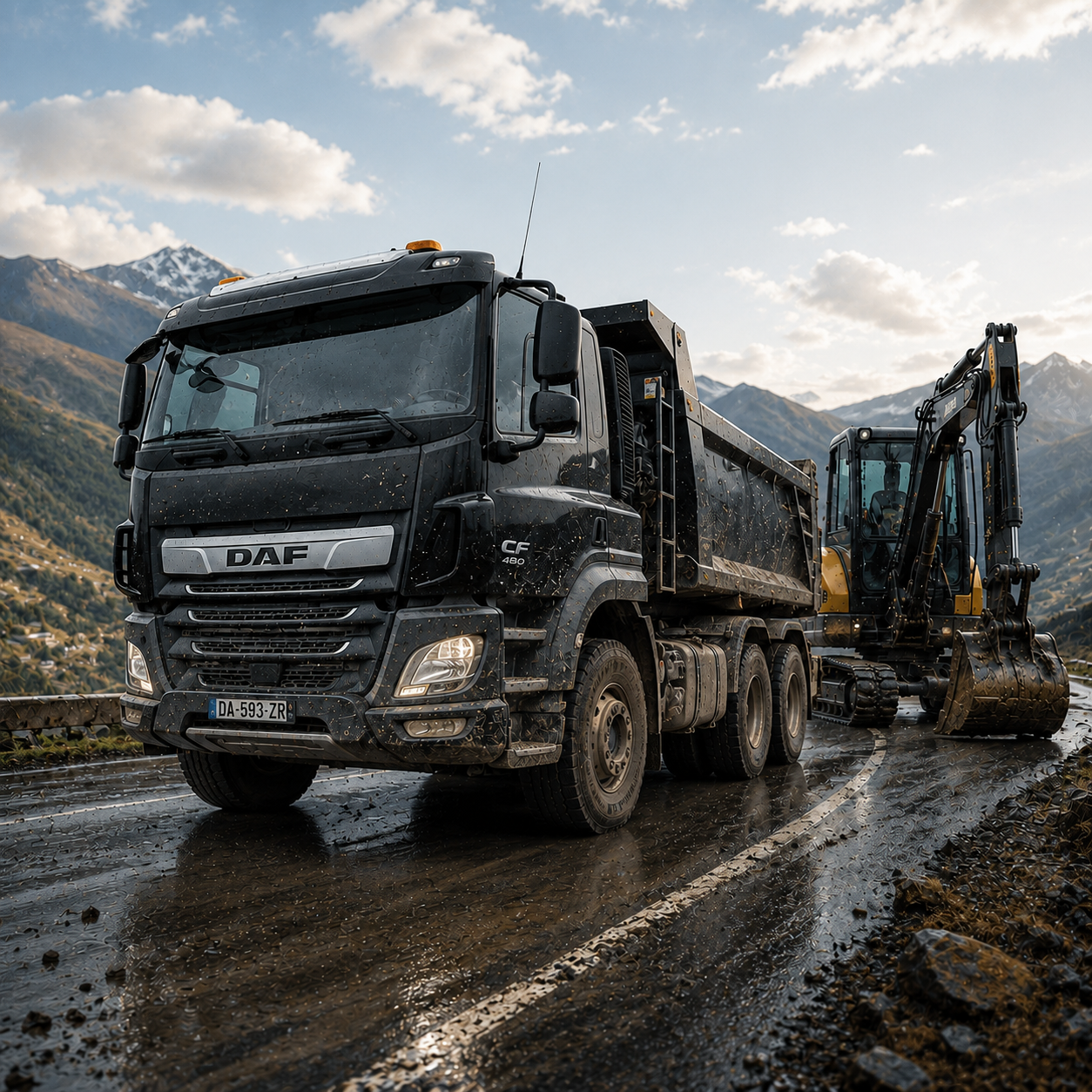Stickers camion et engins - camion benne DAF CF et pelle sur chenilles en montagne, autocollants découpés PremStick