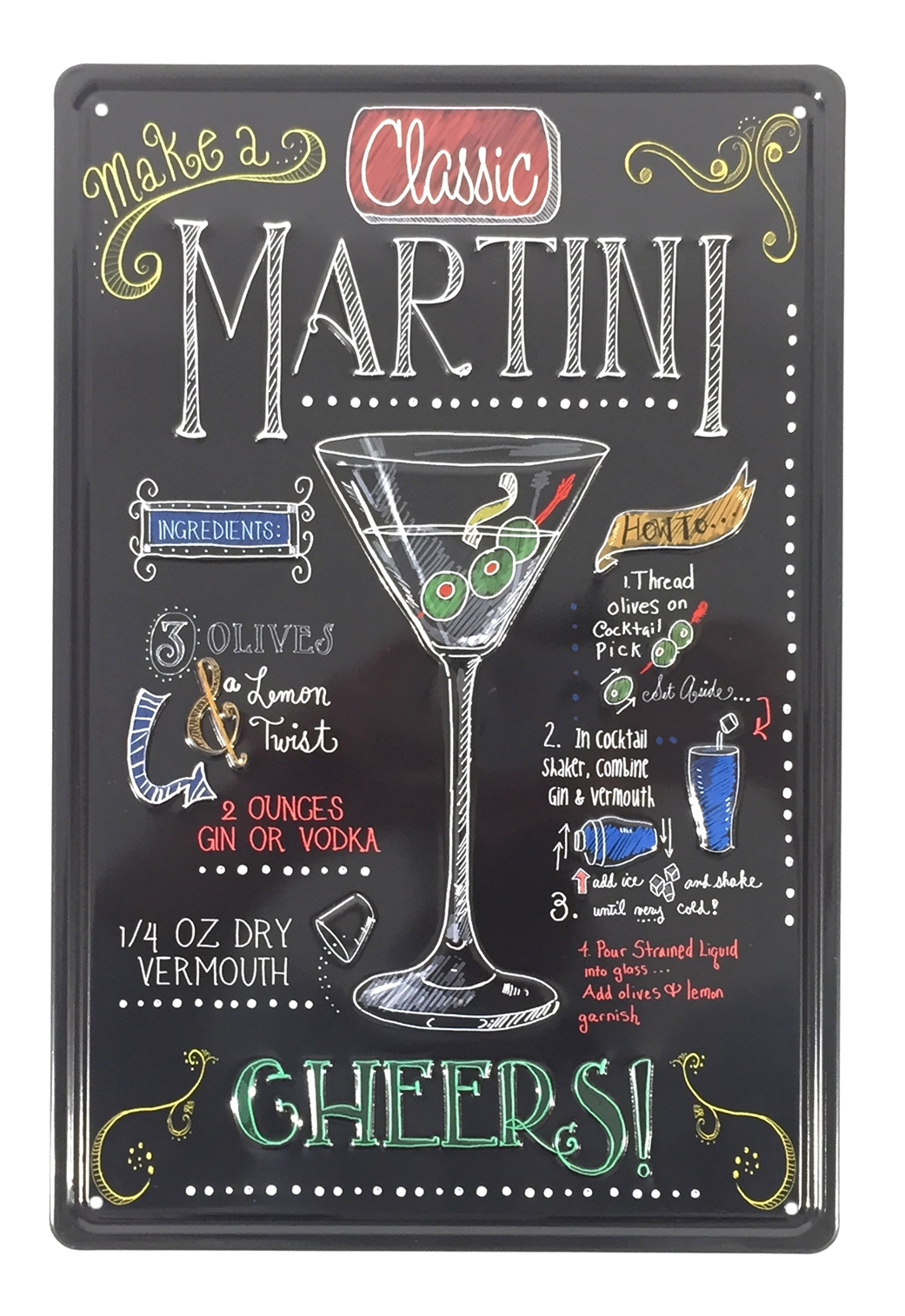 Plaque Métal Déco Vintage Effet Relief Recette Cocktail Martini Façon Ardoise 20x30cm 