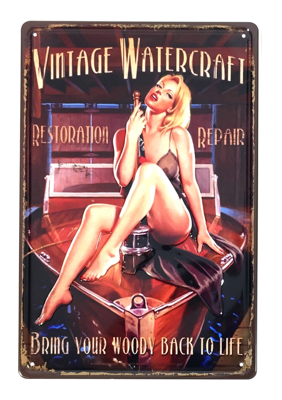 Plaque Métal Déco Vintage Effet Relief Midnight Girl Sexy Réparation Bateaux Bois 20x30cm 