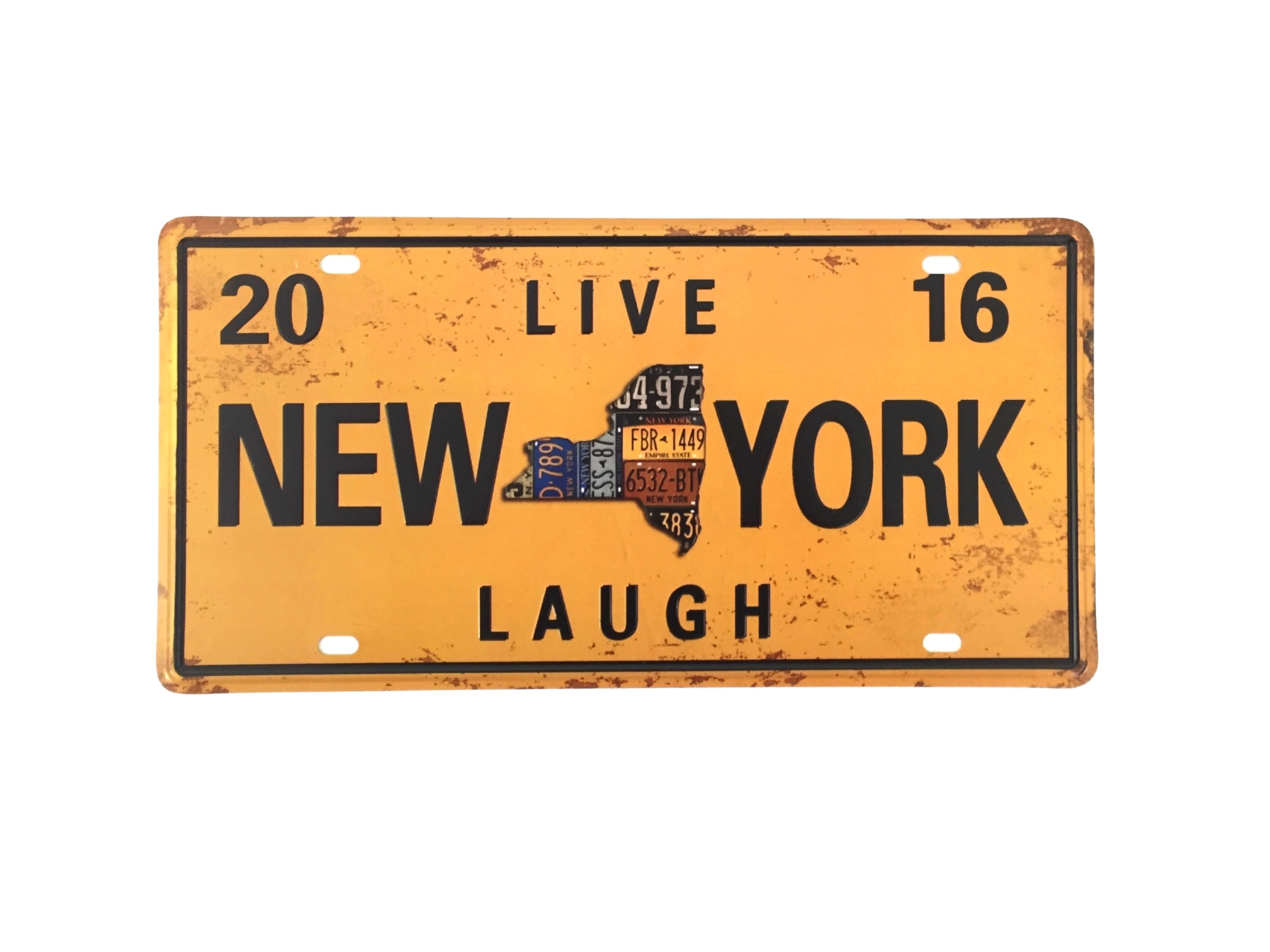 Plaque Métal Immatriculation Vintage Etat NEW YORK Jaune Live Laugh