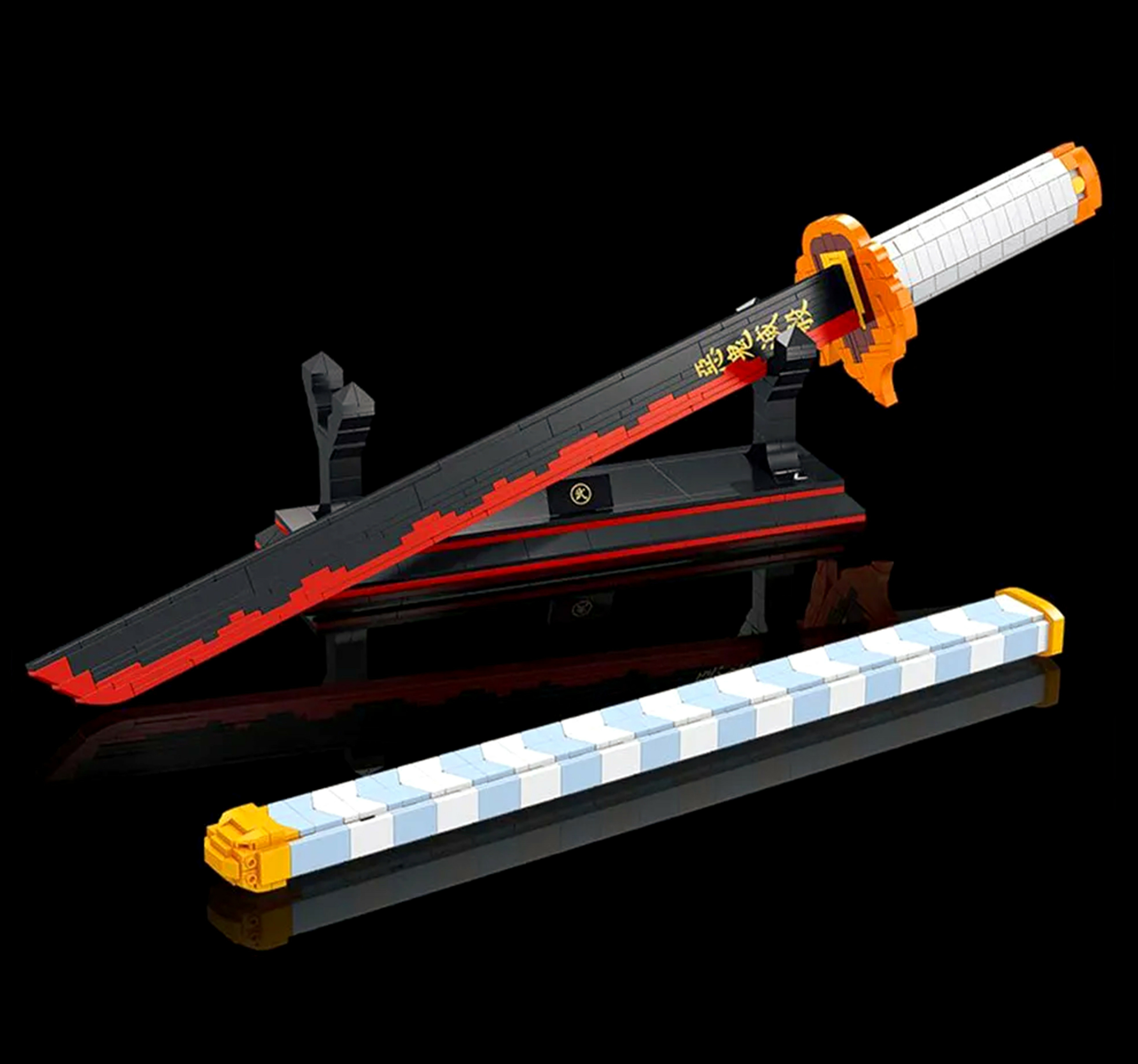 Demon Slayer Katana Rengoku En Bois Lame Decoration Sabre Kyojuro Rengoku Epee Kimetsu No Yaiba Sabre Cosplay + Presentoir Bois Inclus + Ceinturon Blanc Porte Epee