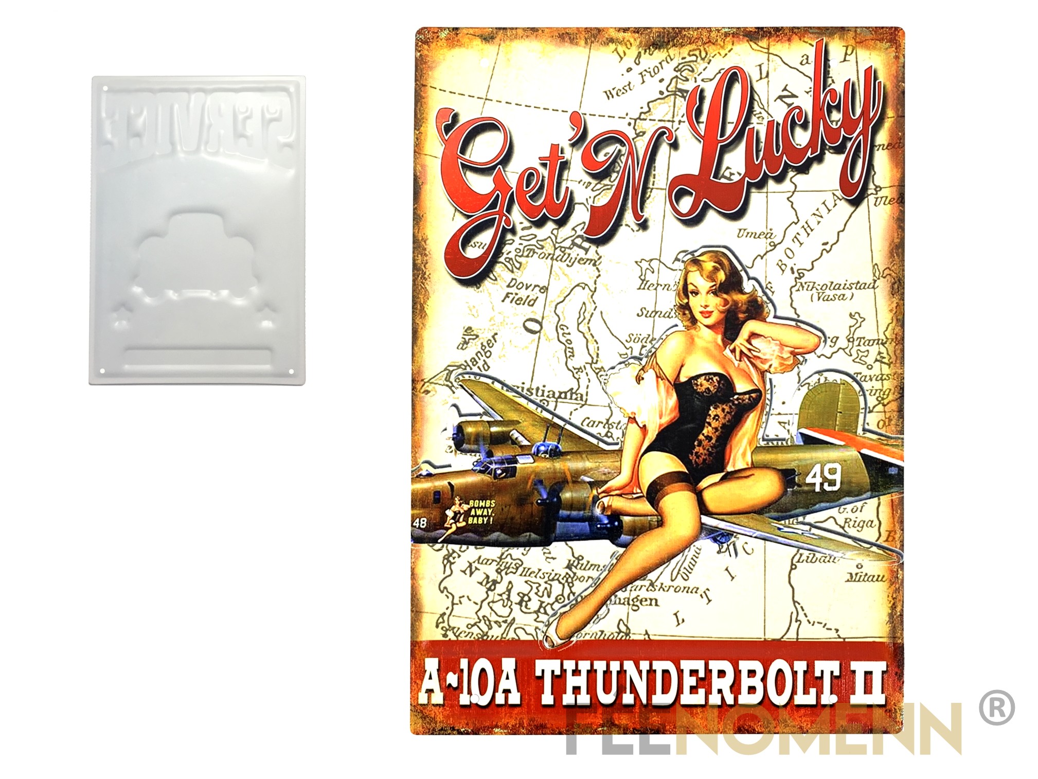 Plaque Métal Déco Vintage Effet Relief Get N Lucky Pin Up Avion Guerre Thunderbolt Usa 