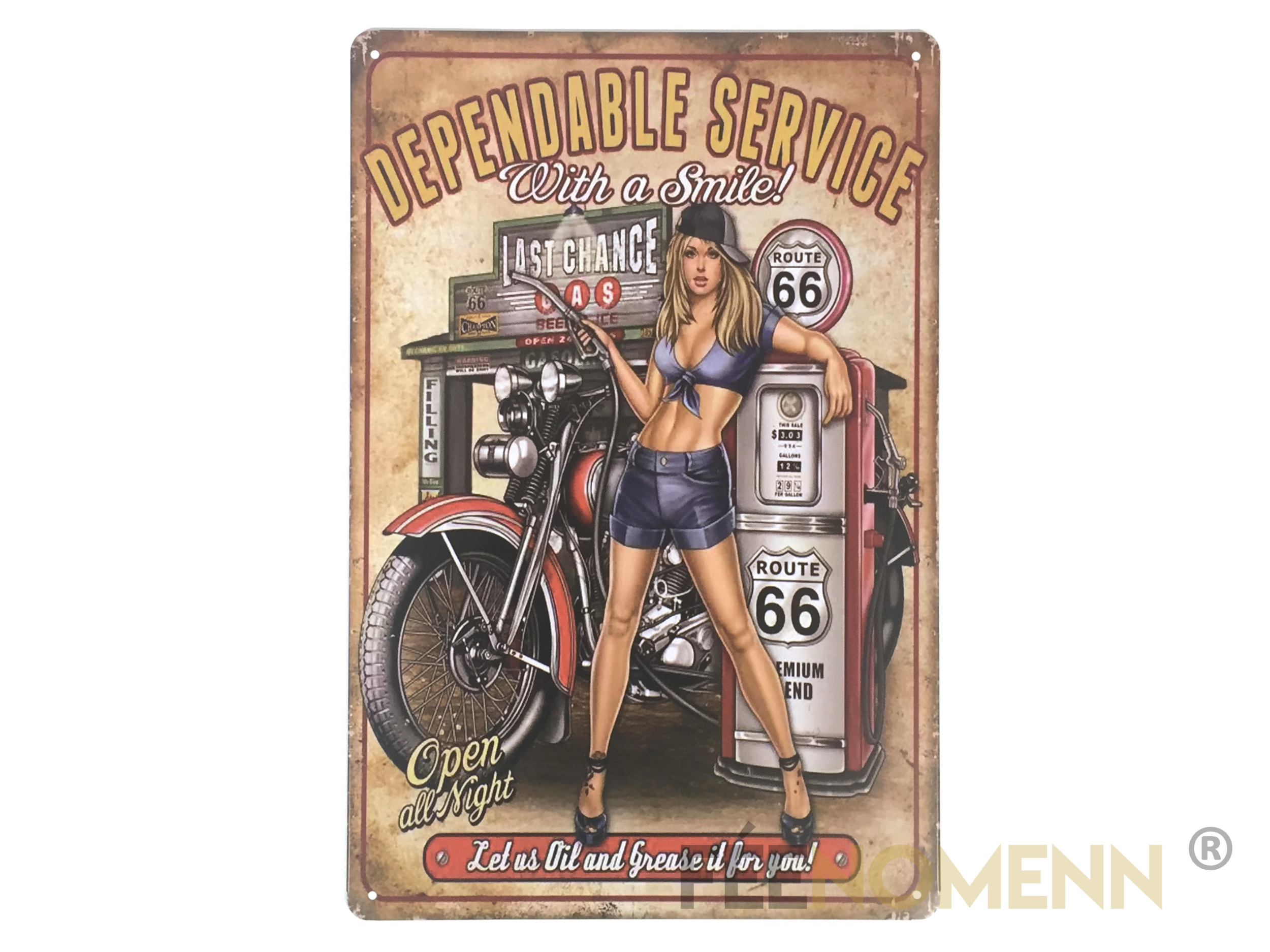 Plaque Métal Déco Vintage Station Essence Route 66 Pin Up Moto Dependable Service 20x30cm 