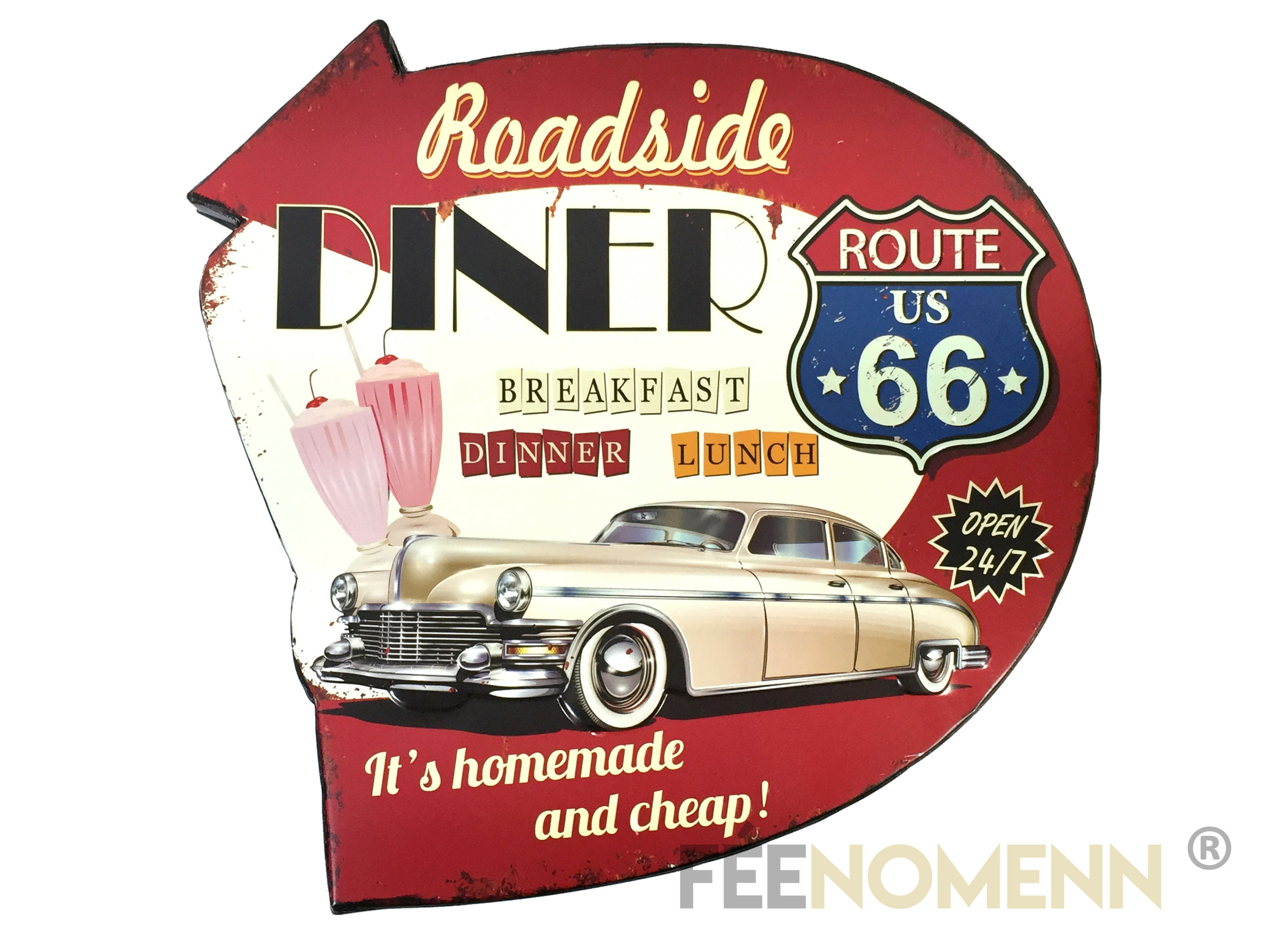 Déco Murale Vintage En Métal Voiture Roadside Diner Route 66 42x40cm DÉco Accessoires 