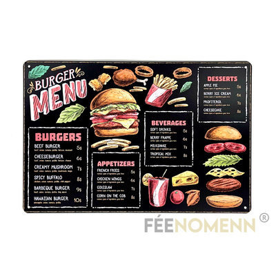 Plaque Métal Déco Vintage - Menu Burgers Façon Ardoise - Fast Food Sandwich Frites Soda (20x30cm)