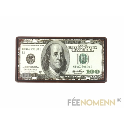 Plaque Métal Immatriculation Vintage -  Billet 100 Dollars - Benjamin Franklin USA (15x30cm)