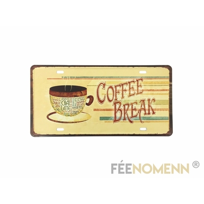 Plaque Métal Immatriculation Vintage - Coffee Break - Pause Café (15x30cm)