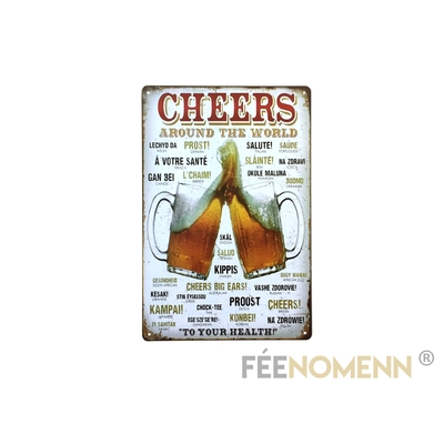 Plaque Métal Déco Vintage - Cheers - "A VOTRE SANTÉ" dans toutes les langues  (20x30cm)