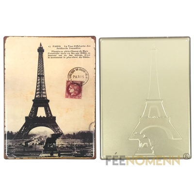 Plaque Métal Déco Vintage - EFFET RELIEF - Carte Postale Paris Tour Eiffel 1889 (30x40cm)