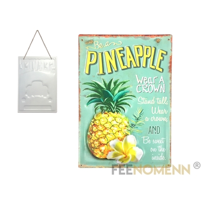 Plaque Métal Déco Vintage - EFFET RELIEF - Ananas / Pineapple - Fruit Exotique (30x40cm)