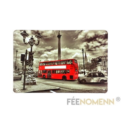 Plaque Métal Déco Vintage - Bus Rouge Londres / Couleur Sélective (20x30cm)