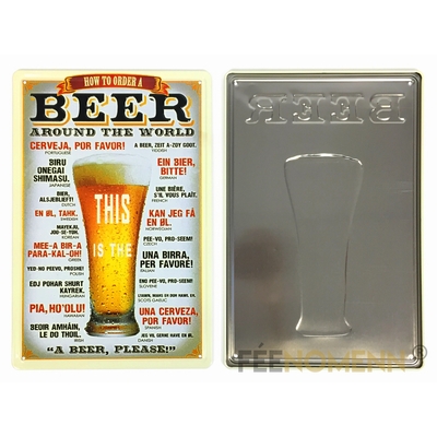 Plaque Métal Déco Vintage - EFFET RELIEF - BEER - Demander Une Bière Dans Toutes Les Langues (20x30cm)