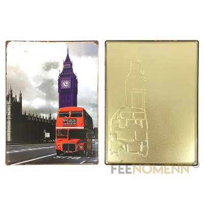 Plaque Métal Déco Vintage - EFFET RELIEF - Bus Londres Big Ben (30x40cm)