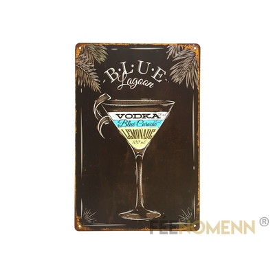 Plaque Métal Déco Vintage - Blue Lagoon Recette Cocktail (20x30cm)