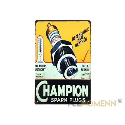 Plaque Métal Déco Vintage - Bougie Voiture Champion Jaune (20x30cm)