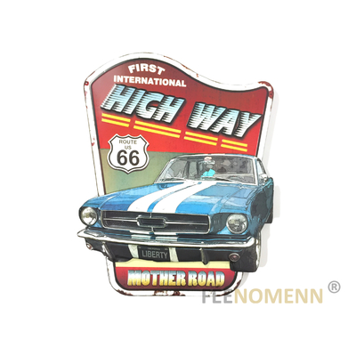 Déco Murale Vintage en Métal - Voiture Mustang Route 66 - High Way (75x60cm)
