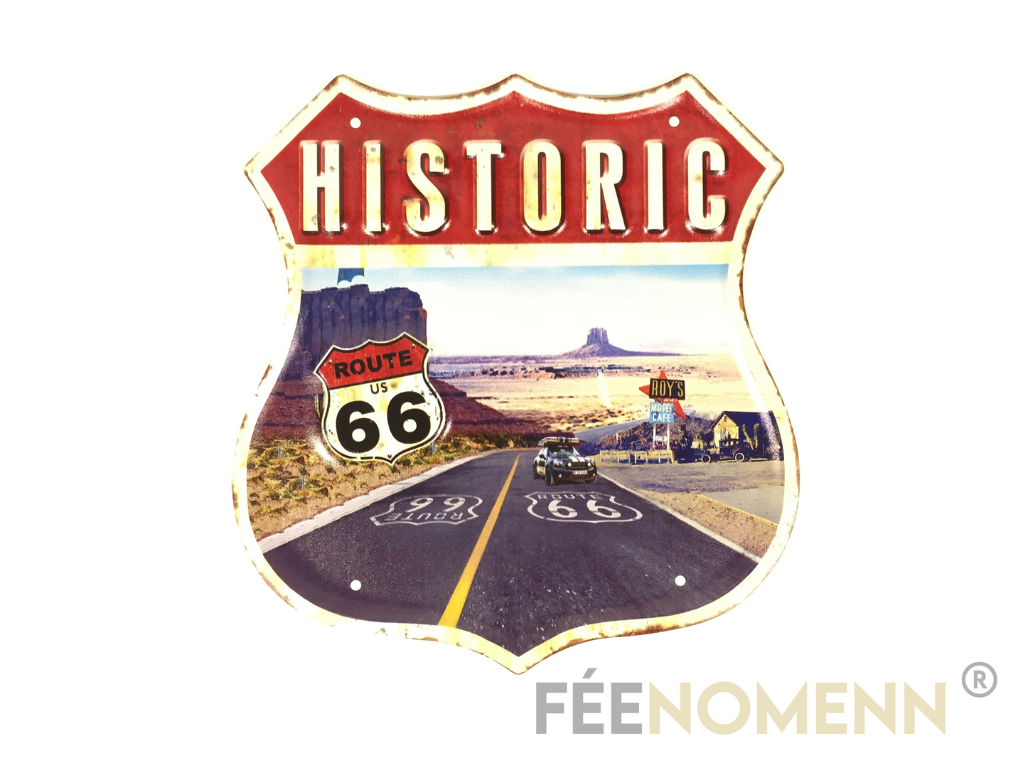 Plaque Métal Déco Vintage Effet Relief Forme Ecusson Historic Route 66 30x30cm DÉco 