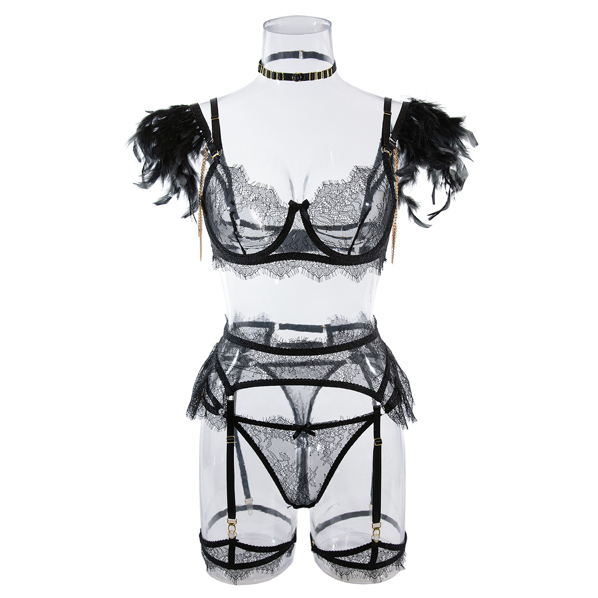 Wholesale-Black-Sexy-Lace-Bra-and-Panties-Set-with-Feather-Details-Front-View