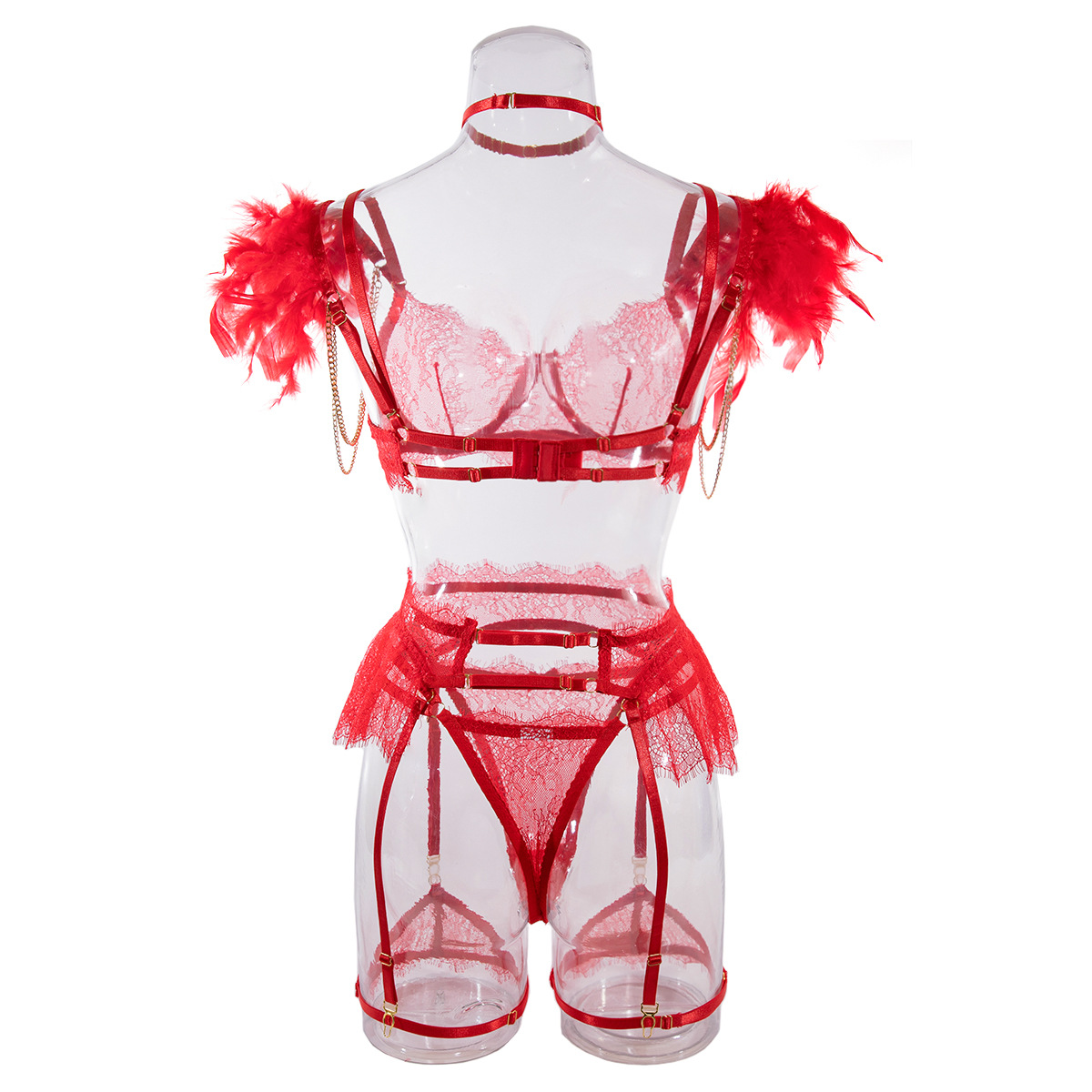 Wholesale-Red-Sexy-Lace-Bra-and-Panties-Set-with-Feather-Details-Back-View