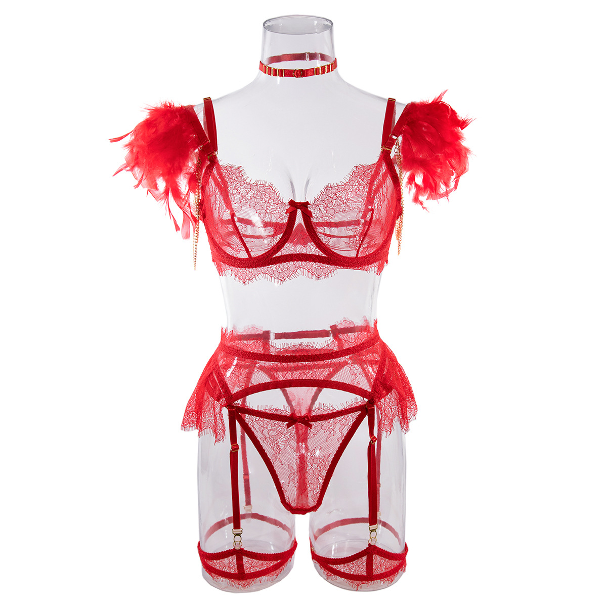 Wholesale-Red-Sexy-Lace-Bra-and-Panties-Set-with-Feather-Details.-Front-View