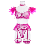 Wholesale-HotPink-Sexy-Lace-Bra-and-Panties-Set-with-Feather-Details-Front-View