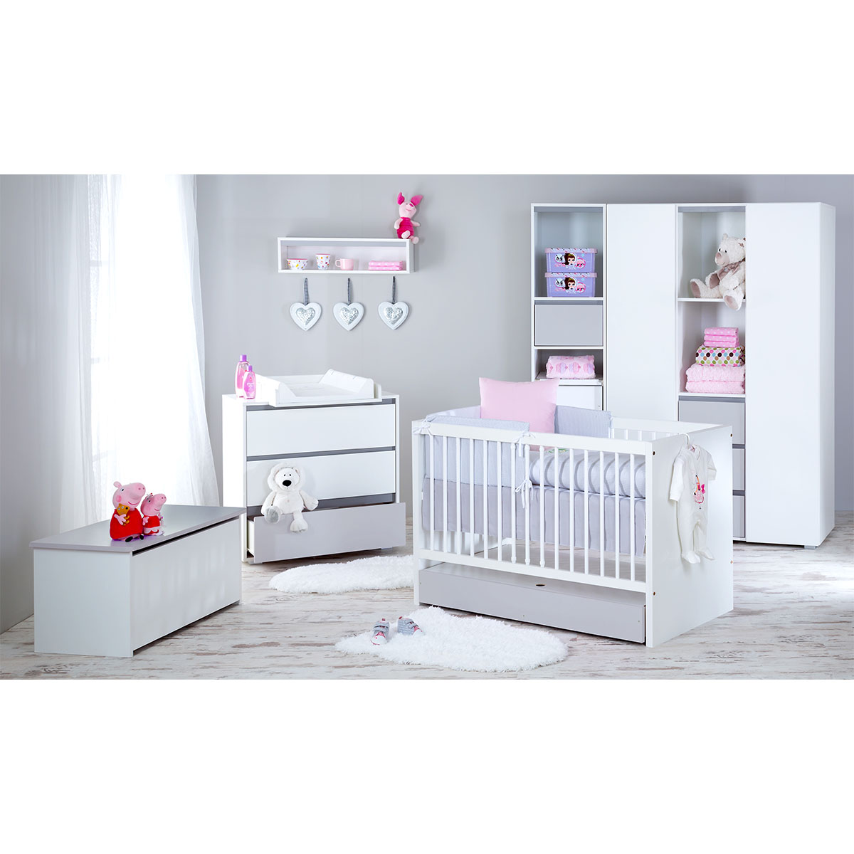 Chambre complète lit bébé 60x120 - commode à langer - armoire 3 portes LittleSky by Klups Dalia - Blanc