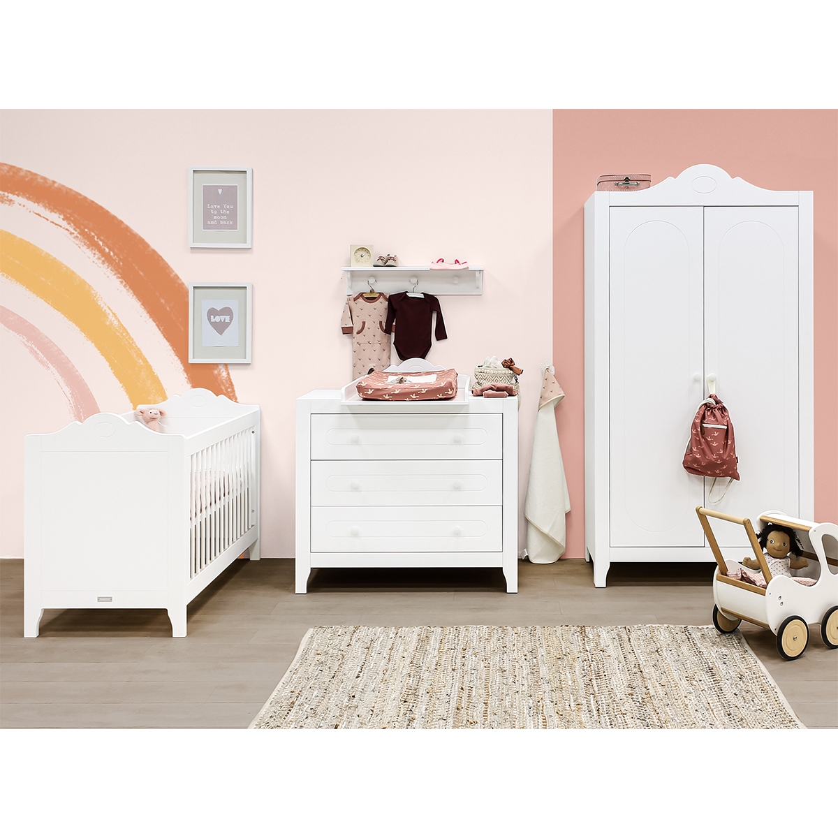 Chambre complète lit bébé 60x120, commode à langer et armoire 2 portes Bopita Evi - Blanc
