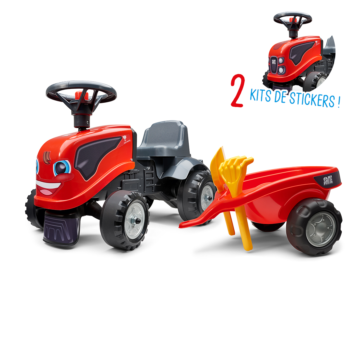 Porteur Falk tracteur Same avec remorque - pelle et rateau - Rouge - Porteur/Porteur 4 roues