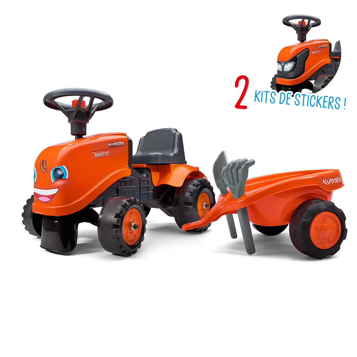 Porteur Falk tracteur Kubota avec remorque - pelle et rateau - Orange