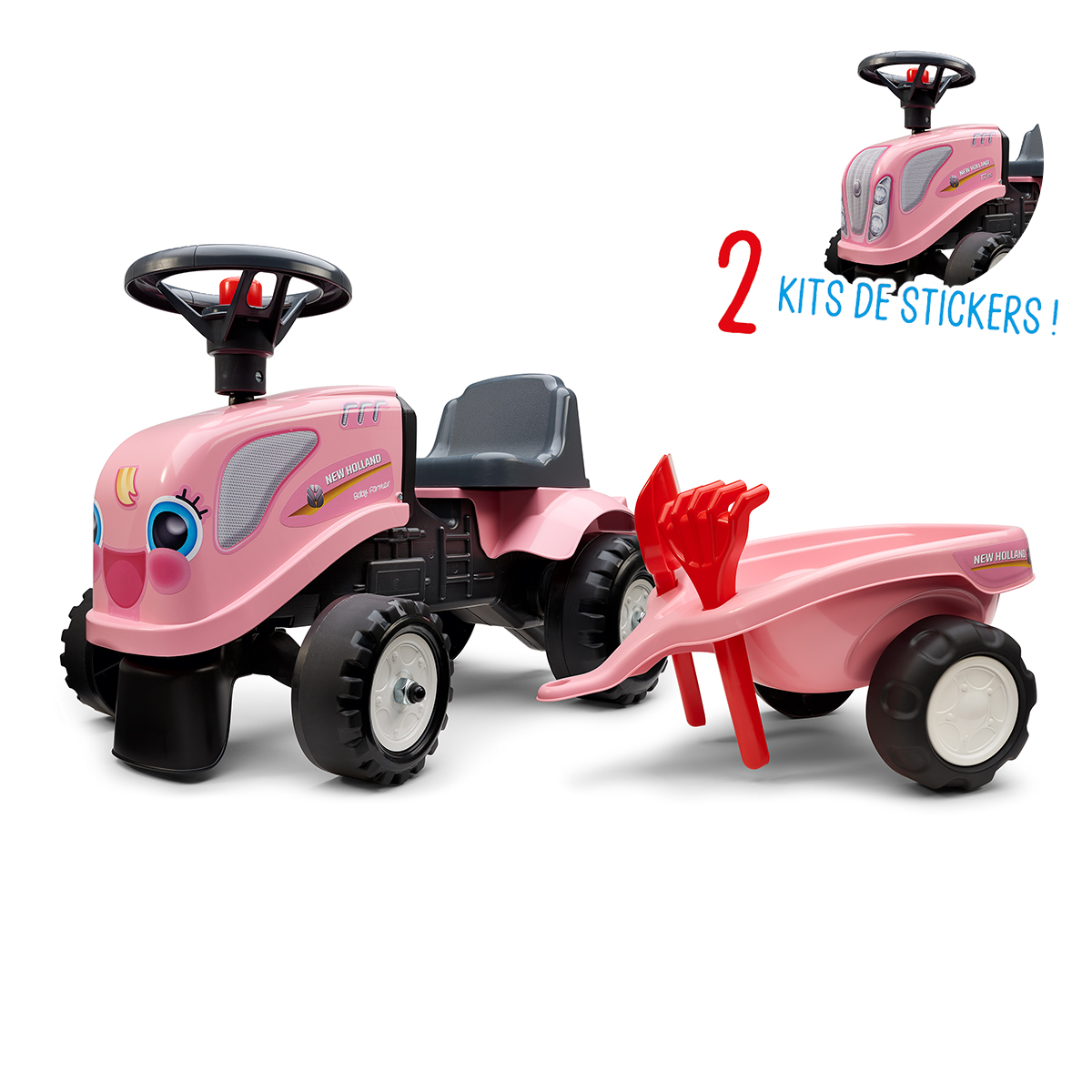 Porteur Falk tracteur Girly New Holland rose avec remorque - pelle et  rateau - Rose - Porteur/Porteur 4 roues - tendresse de bébé