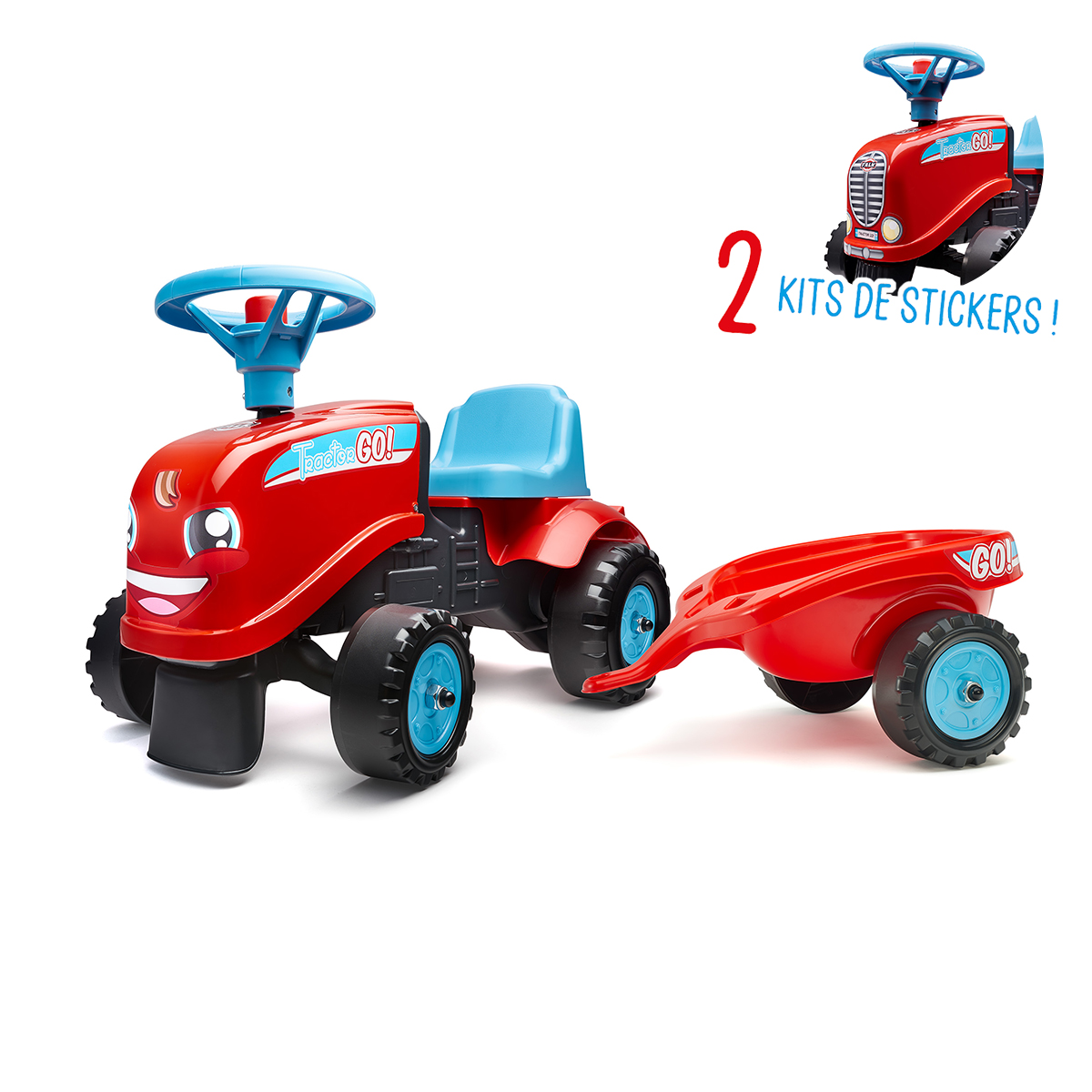 Porteur Falk Tractor Go avec remorque et kit de stickers alternatifs - Rouge