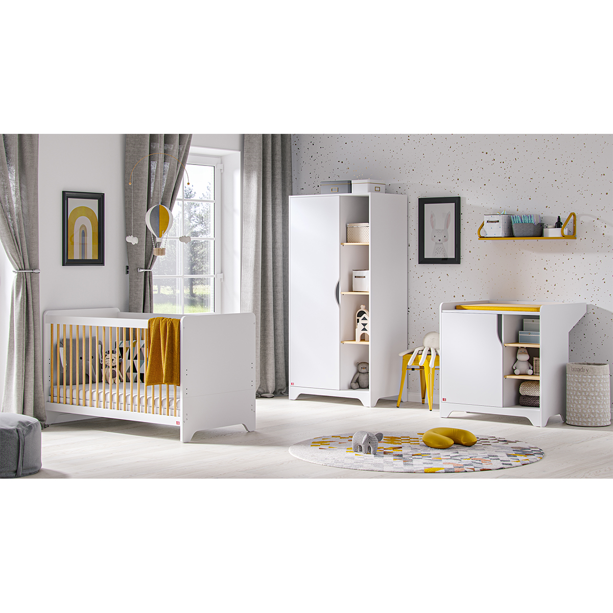 Chambre complète lit bébé 60x120 - commode à langer - armoire 1 porte Vox Leaf - Blanc et bois