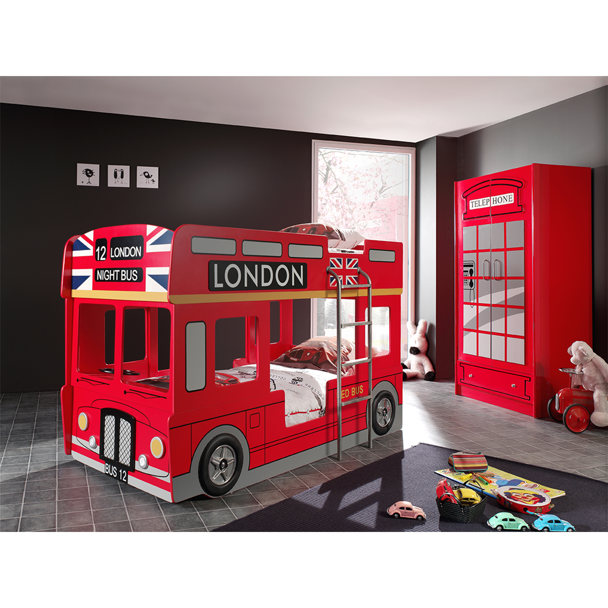 Lit superposé 90x200 Bus Londonien sommier inclus et Armoire 2 portes Vipack Car Beds - Rouge