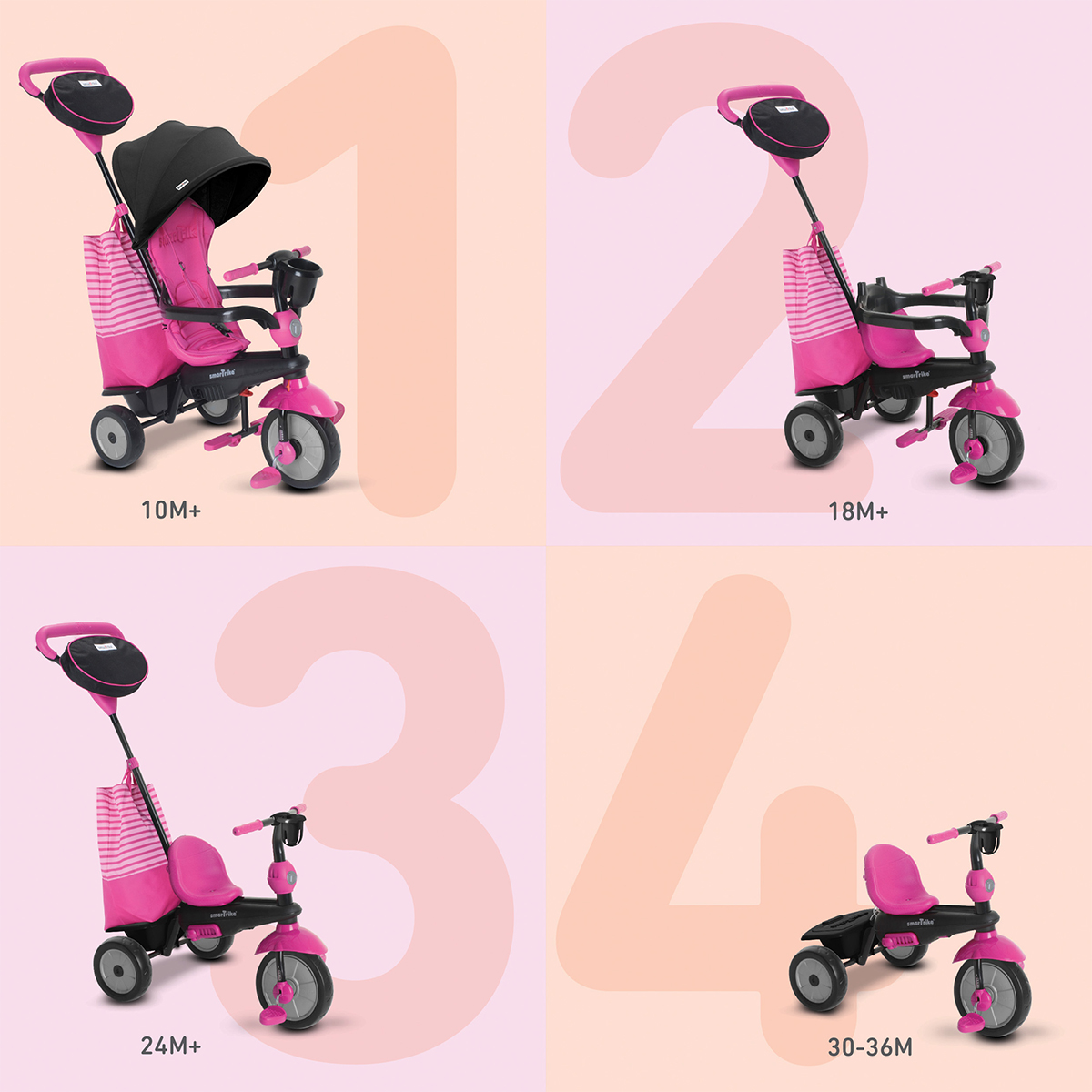 Tricycle Smartrike 4en1 Swing Rose Vehicule a pedales Tricycle tendresse de bebe