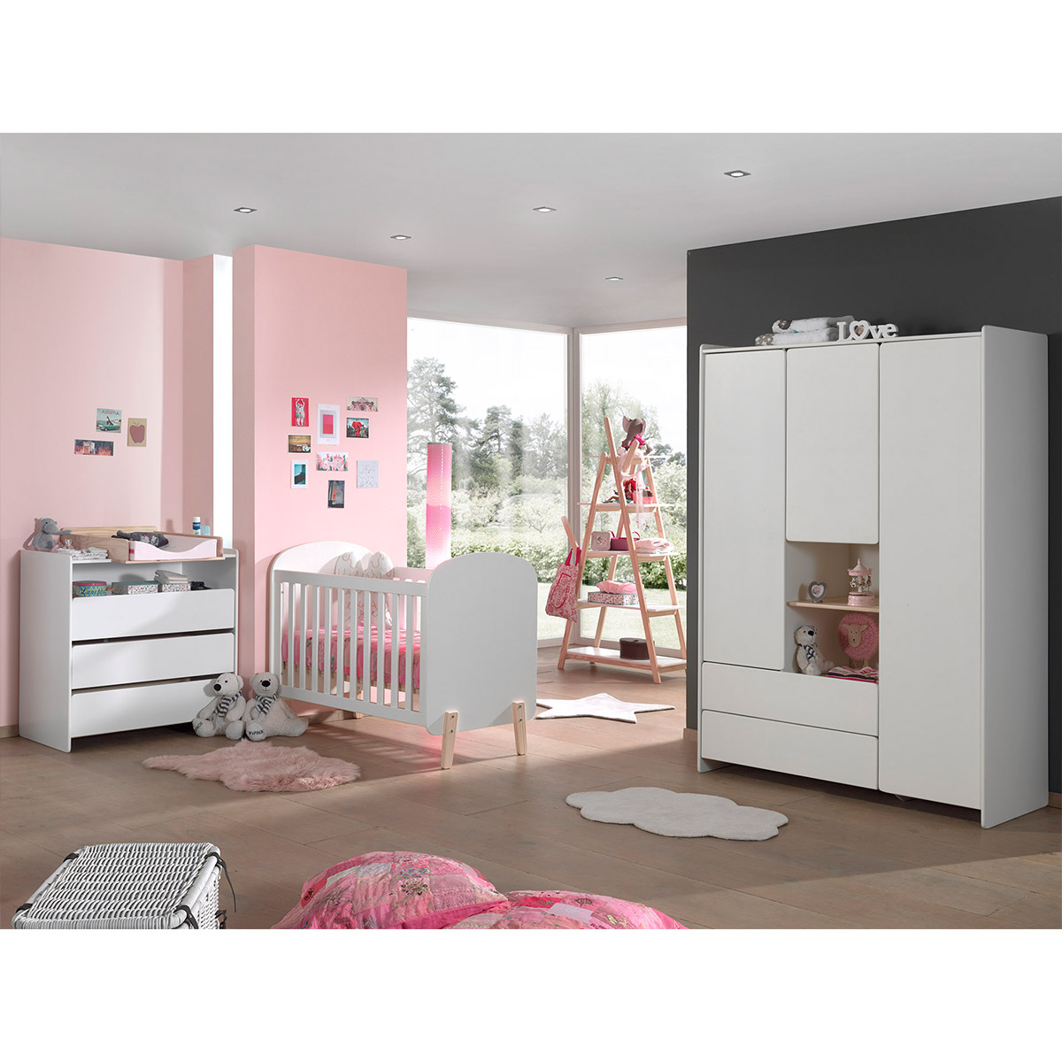 Lit bébé 60x120 - Commode 3 tiroirs - Armoire 3 portes et Bibliothèque Vipack Kiddy - Blanc