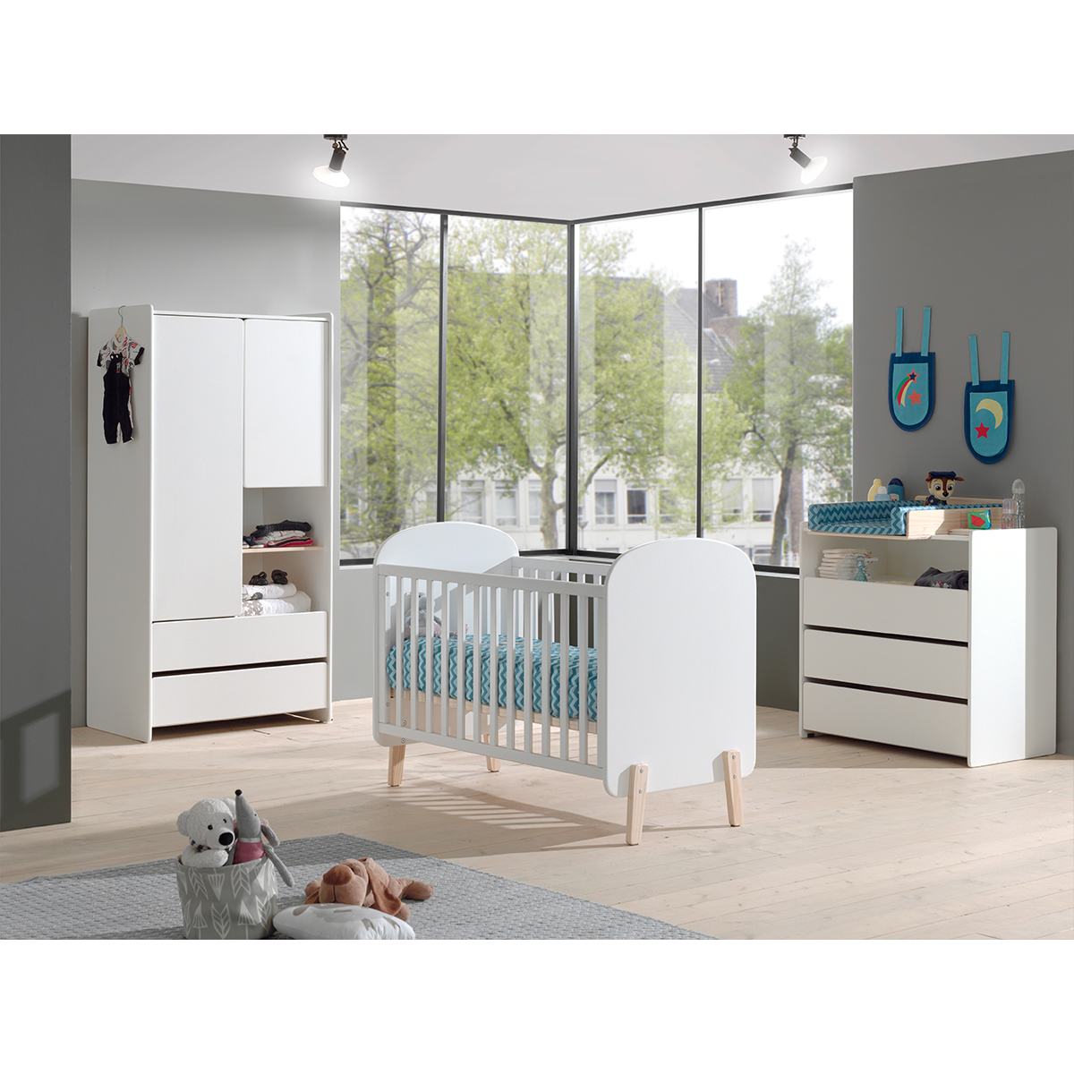 Lit bébé 60x120 - Commode 3 tiroirs et Armoire 2 portes Vipack Kiddy - Blanc
