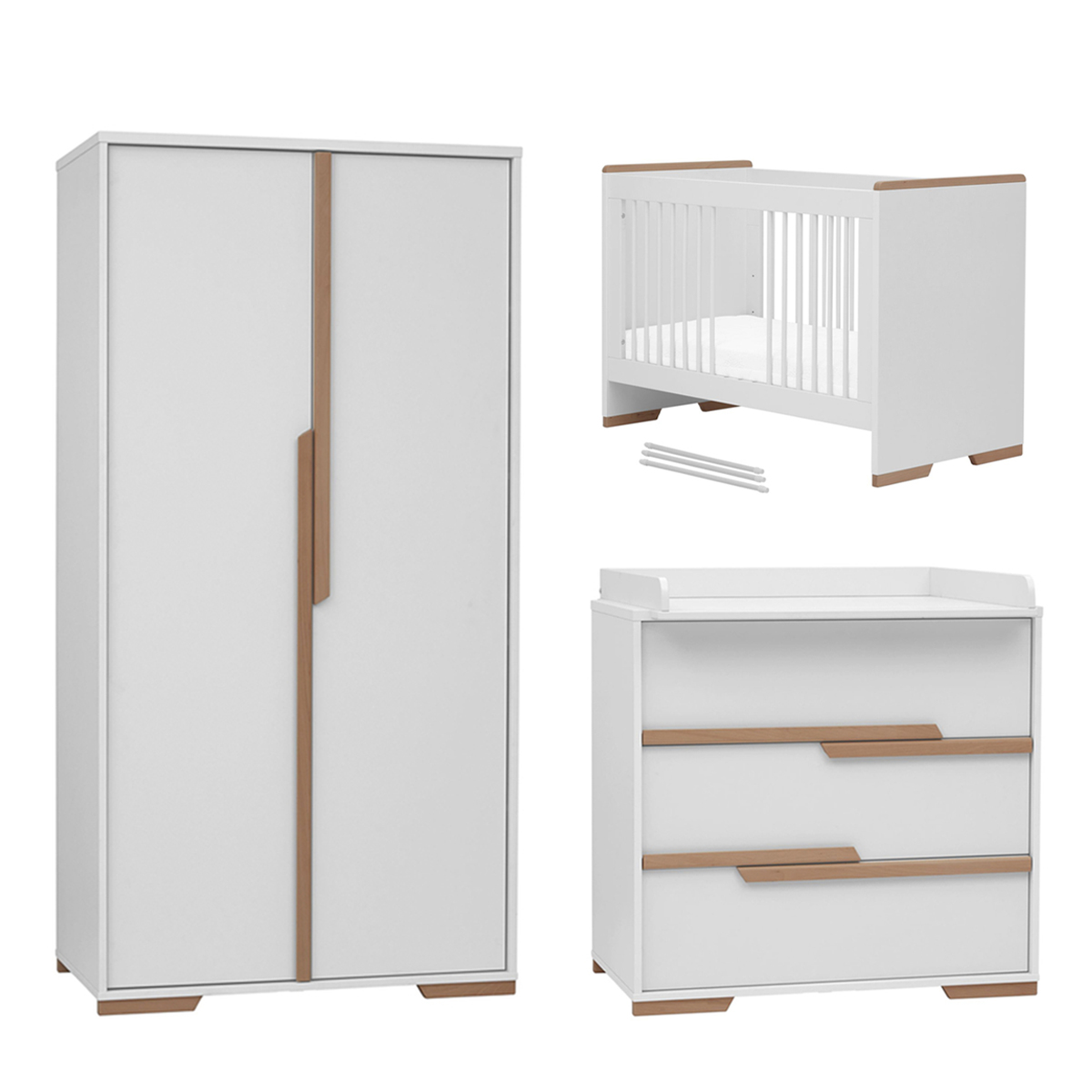 Chambre complète lit bébé 60x120 - commode à langer - armoire 2 portes  Pinio Snap - Blanc et bois - Packs/Chambre complète - tendresse de bébé