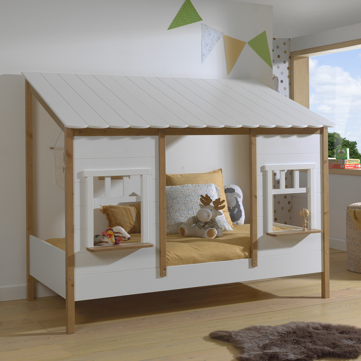 Lit cabane 90x200 sommier inclus Vipack Housebed - Blanc et bois