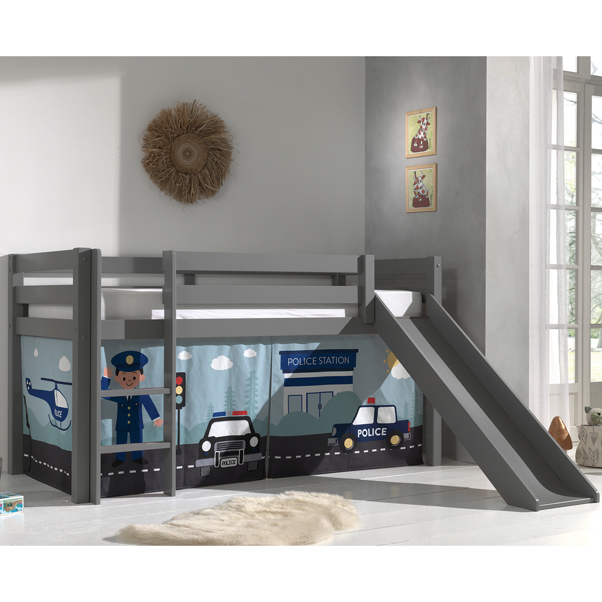 Lit Mi-Hauteur 90x200 Toboggan sommier inclus housse Police Vipack Pino - Gris