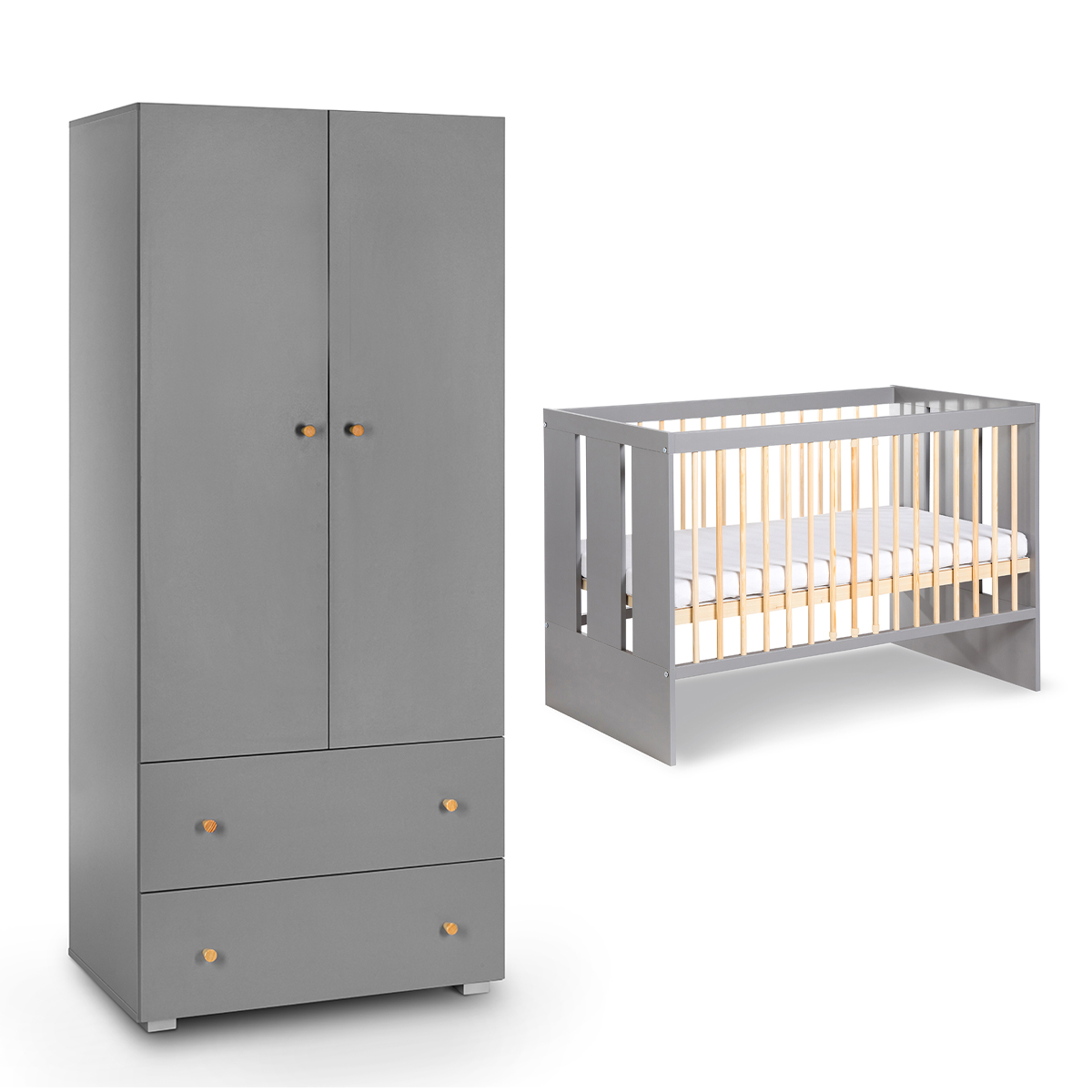 Lit bébé 60x120 et armoire 2 portes 2 tiroirs Littlesky by Klups Pauline - Gris