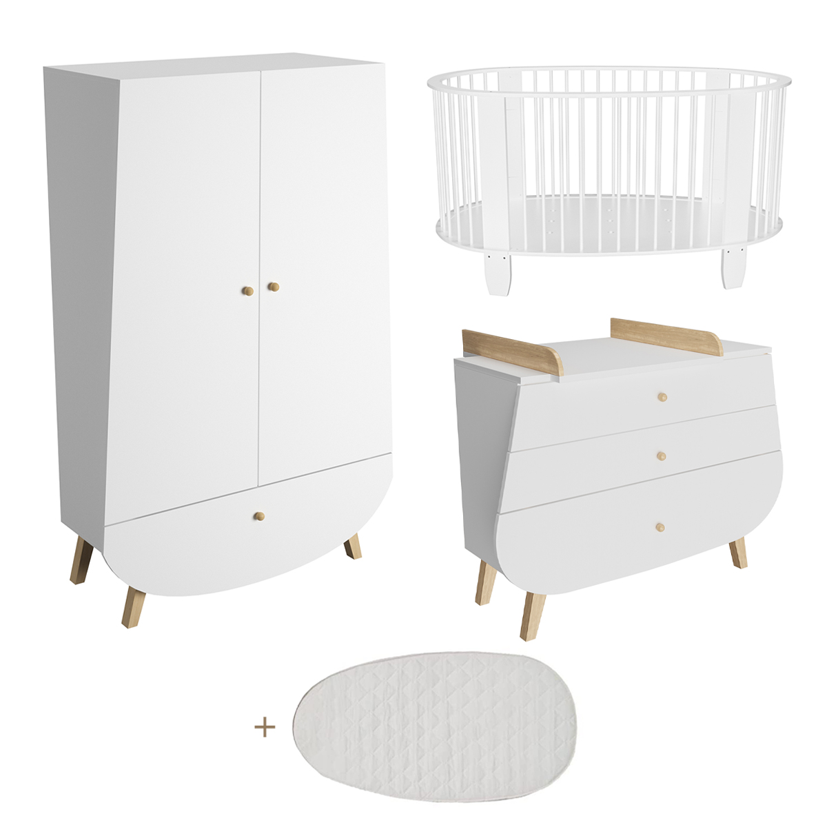 Chambre complète lit bébé 60x120 commode à langer et armoire Songes et Rigolades Cocon - Blanc