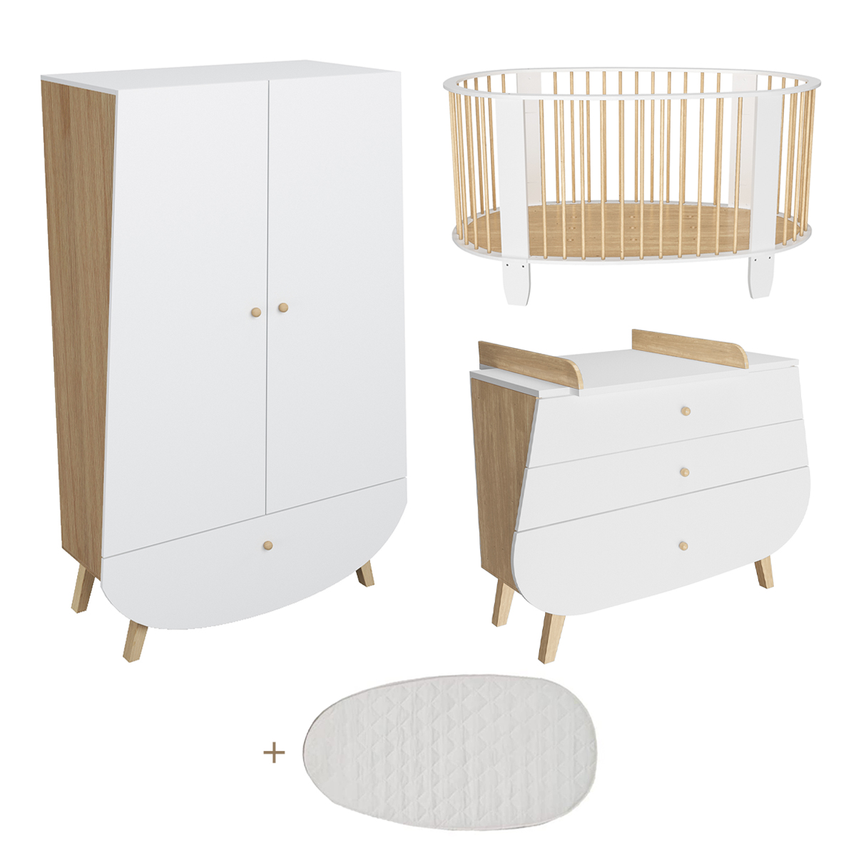 Chambre complète lit bébé 60x120 commode à langer et armoire Songes et Rigolades Cocon - Blanc et bois