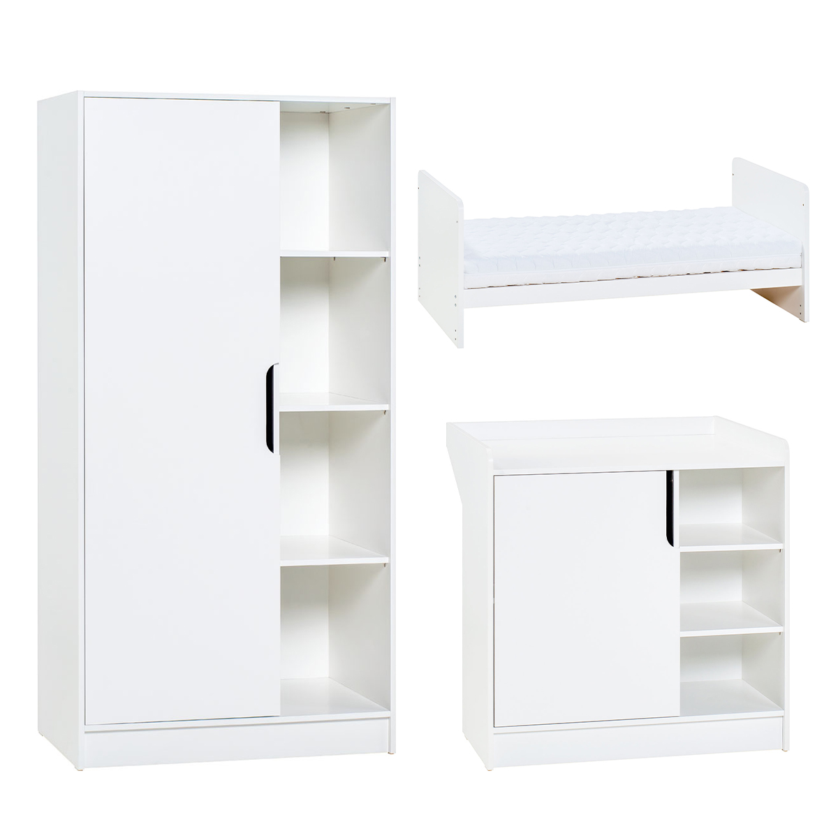 Chambre complète lit évolutif 70x140 commode à langer et armoire 1 porte Vox Maxim - Blanc