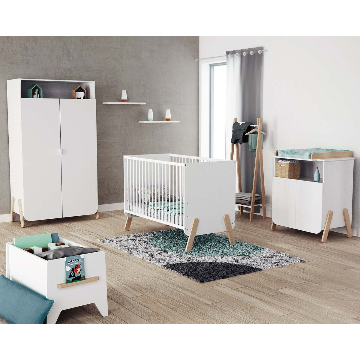 Pack duo lit bébé évolutif et commode à langer en bois de hêtre Marelle  blanc