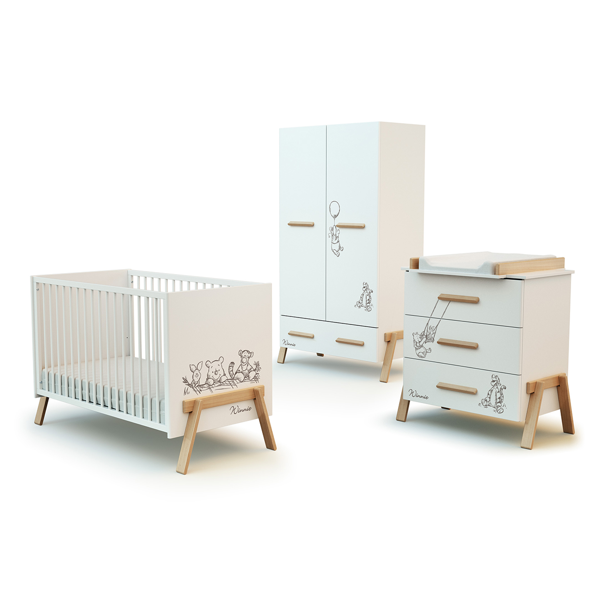 Chambre complète lit bébé 60x120 commode à langer 3 tiroirs et armoire AT4 Winnie Disney - Blanc et hêtre