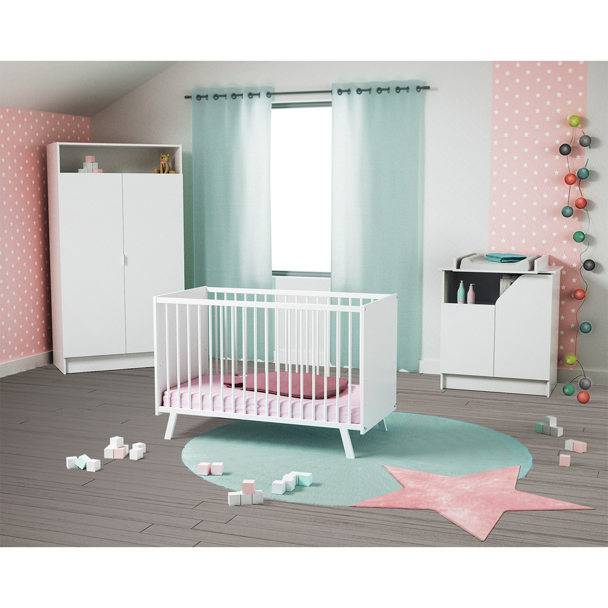 Chambre complète lit bébé 60x120 commode à langer et armoire AT4 Carnaval - Blanc