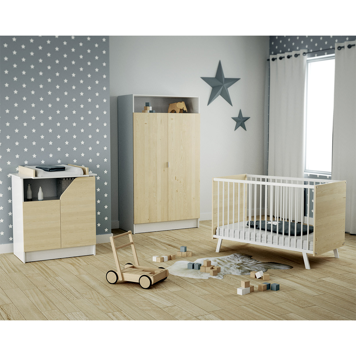 Chambre complète lit bébé 60x120 commode à langer et armoire AT4 Carnaval - Blanc et bois