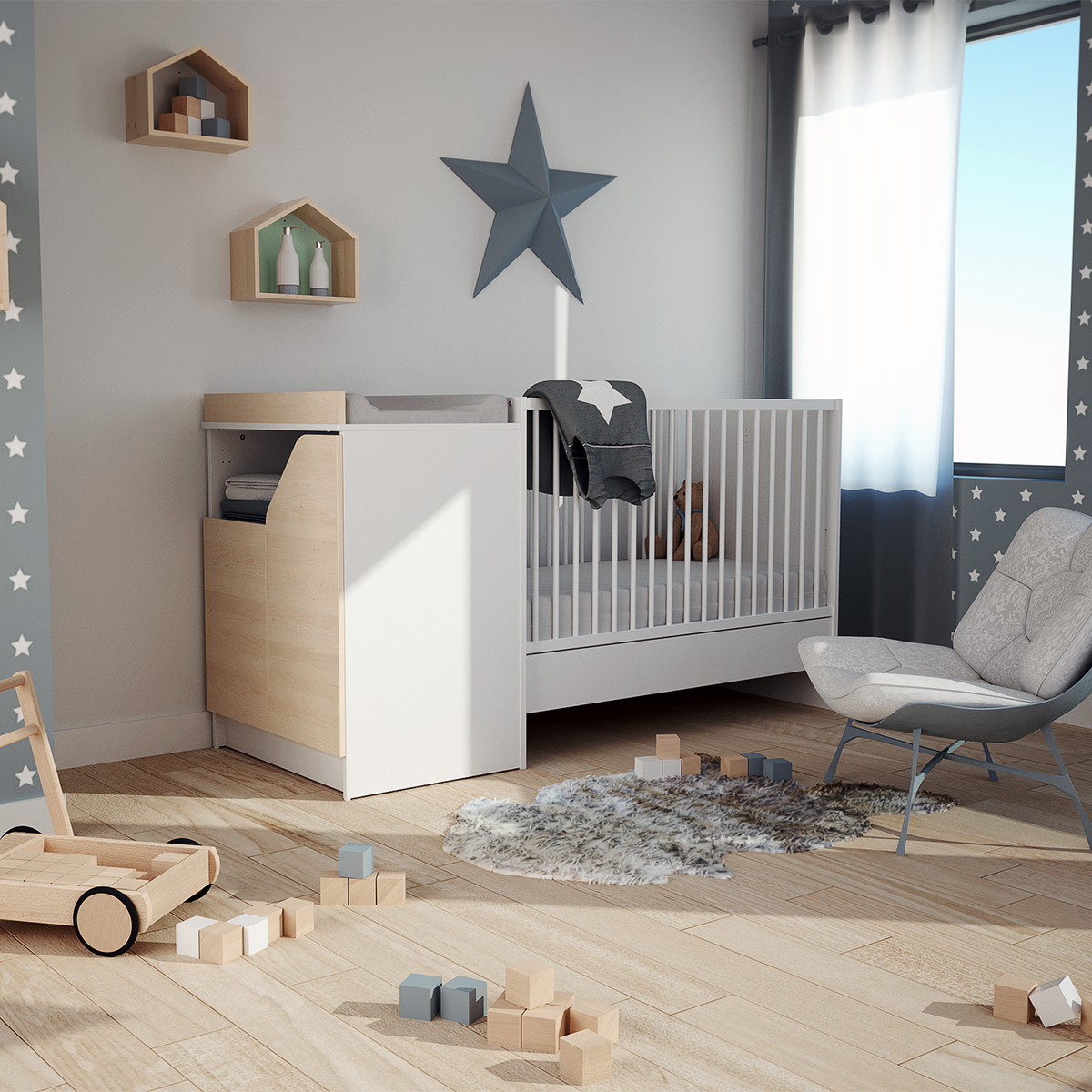 Lit Evolutif 60x1 En 90x190 Et Commode Avec Plan A Langer At4 Carnaval Blanc Et Bois Packs Lit Commode Tendresse De Bebe