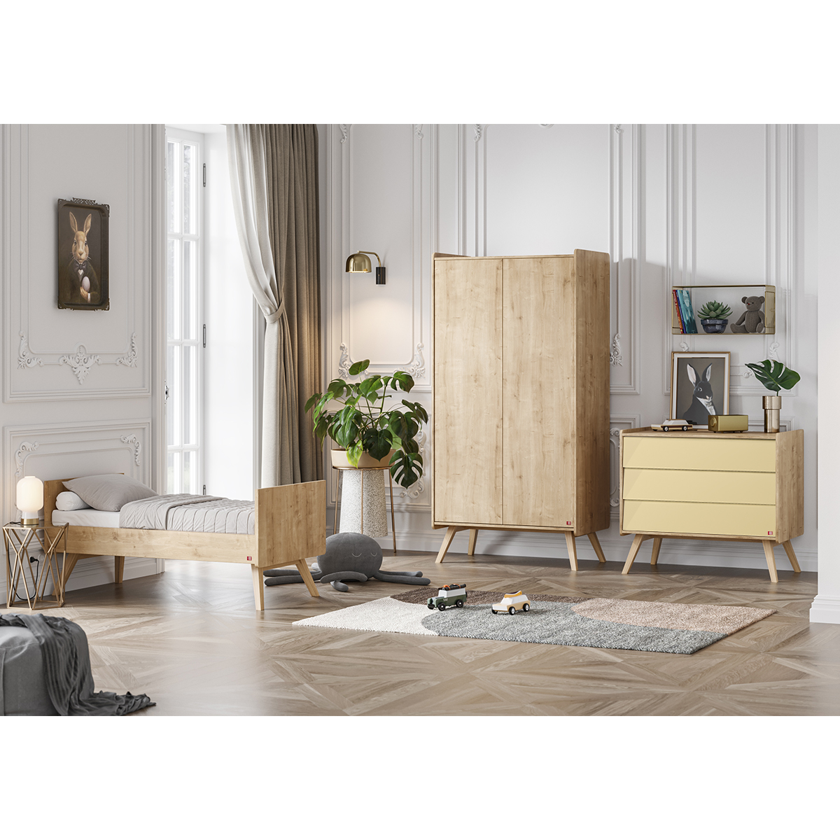 Chambre complète lit évolutif 70x140 - commode à langer - armoire 2 portes Vox Vintage - Bois Beige