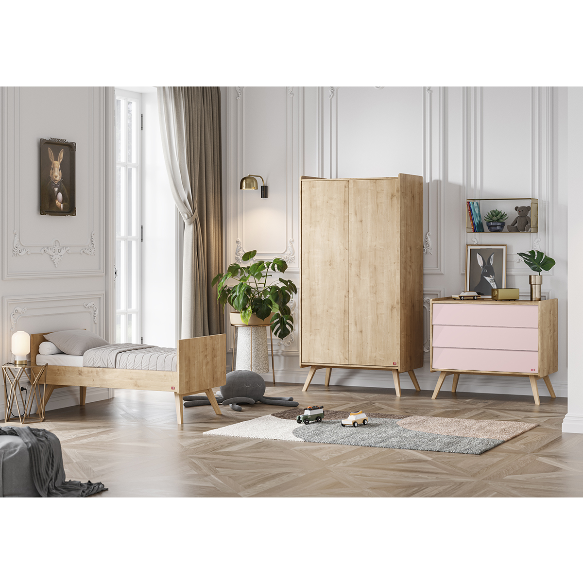 Chambre complète lit évolutif 70x140 - commode à langer - armoire 2 portes Vox Vintage - Bois Rose